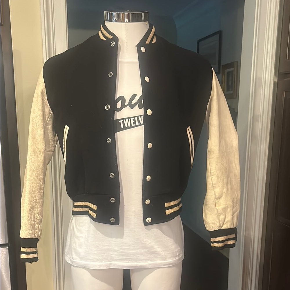 True Vintage Sz 38 Black and Ivory Fifty Niner by Brill Bros Varsity Jacket GUC